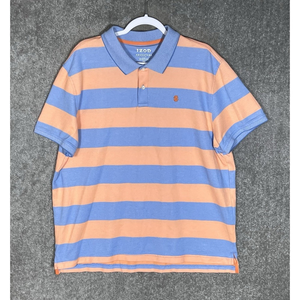 Izod Advantage Performance Polo Shirt Mens Size XXL Blue Peach‎ Striped Stretch